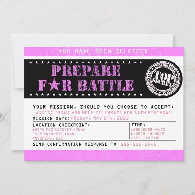 Airsoft 'Prepare for Battle' 5x7 Military Pink Invitation (Front)