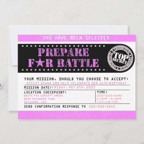 Airsoft Prepare for Battle 5x7 Military Pink Invitation