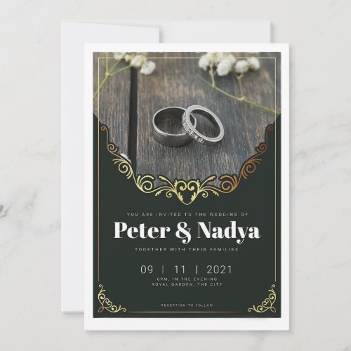 Airy Black and Gold Leaf Formal Wedding  Invitation