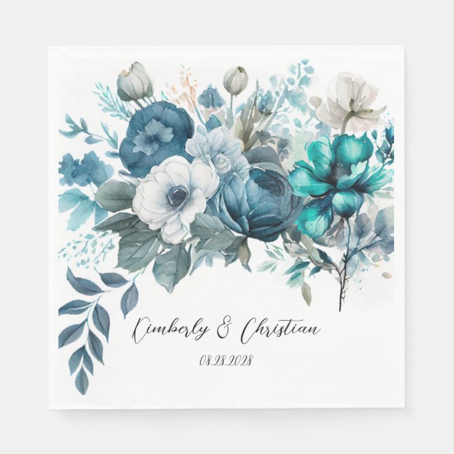 Airy Blue and Teal Peony Rustic Wedding Napkins (Front)