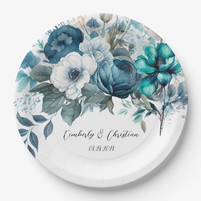 Airy Blue and Teal Peony Rustic Wedding Paper Plates (Front)