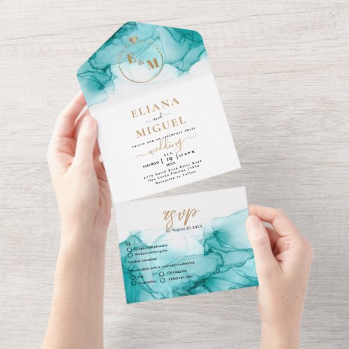 Airy Blue Turquoise Watercolor Wedding Modern  All In One Invitation