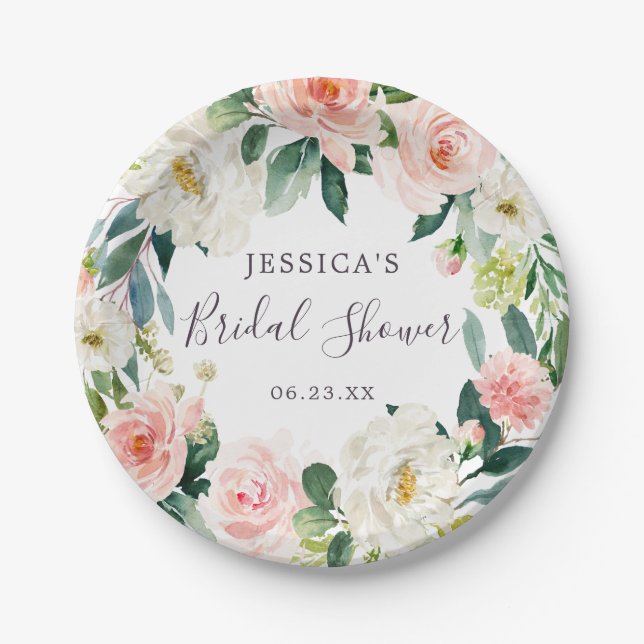 Airy Blush Floral Bridal Shower Paper Plate (Front)