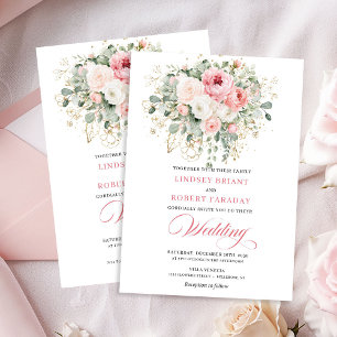 Airy Blush Roses Greenery Gold Wedding Invite