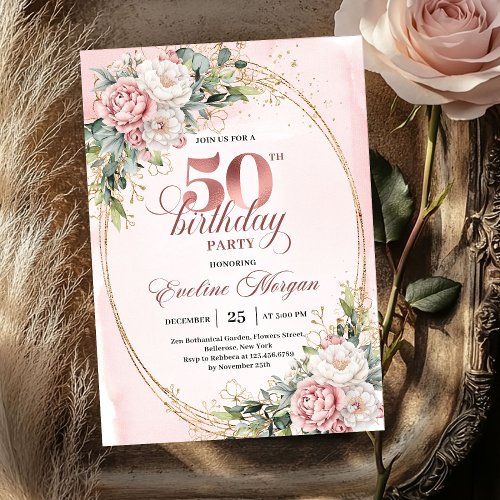 Airy Blush Watercolor 50th Birthday Invitation