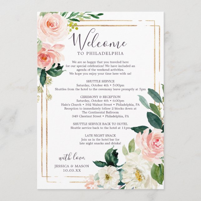 Airy Blush Wedding Itinerary - Wedding Welcome Program (Front)
