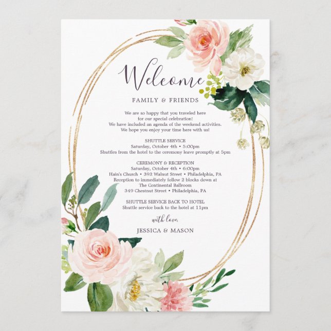 Airy Blush Wedding Itinerary - Wedding Welcome Program (Front)