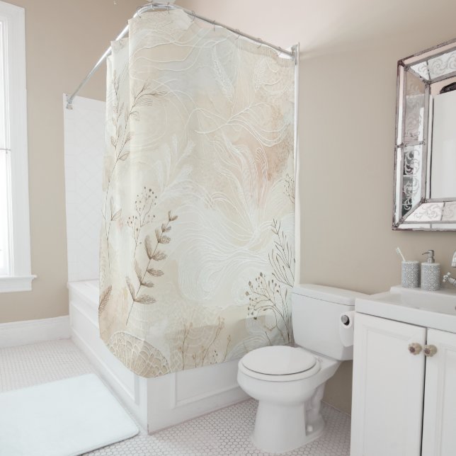 Airy Bohemian Botanical Floral String Art Design Shower Curtain (In Situ)