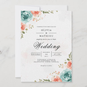 Airy Coral Teal Floral Arch Wedding Invitation