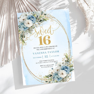 Airy Dusty Blue Floral Greenery Sweet 16th Invite
