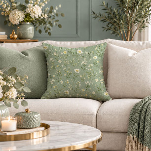 Airy Dusty Green Daisies Throw Pillow Decor
