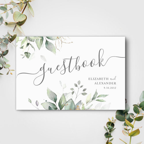 Airy eucalyptus and gold greenery wedding guest book