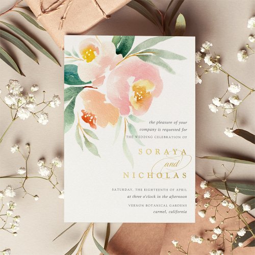 Airy Floral  Watercolor Wedding Foil Invitation