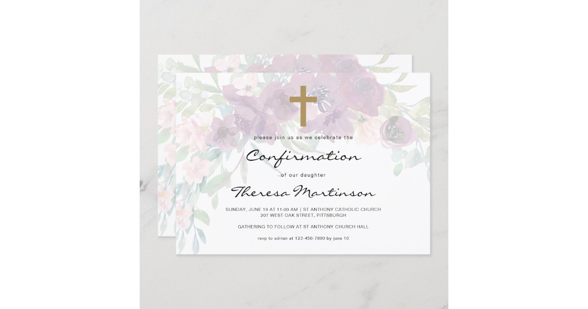 Airy Floral with Cross Confirmation Invitation | Zazzle