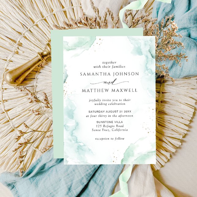 Airy Green and Blue Watercolor Wedding Invitation (Creator Uploaded)
