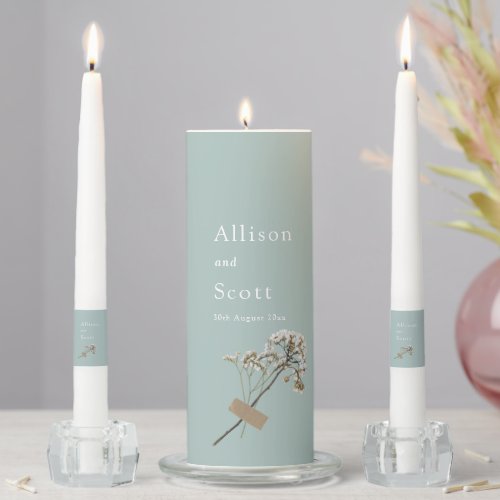 Airy Green Minimalist Hand Press Floral Wedding Unity Candle Set
