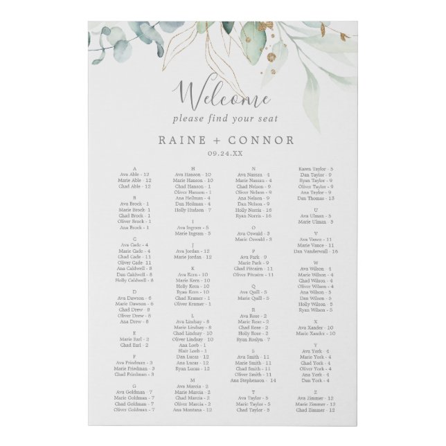 Airy Greenery and Gold Alphabetical Seating Chart Faux Canvas Print (Front)