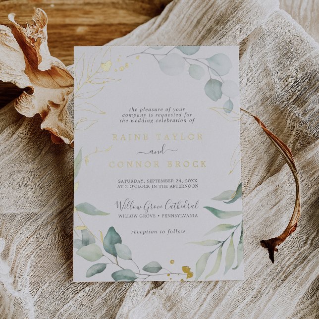 Airy Greenery and Gold Foil Leaf Names Wedding Invitation (Creator Uploaded)