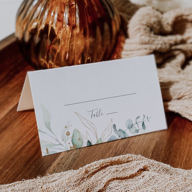Airy Greenery and Gold Folded Wedding Place Card (Creator Uploaded)
