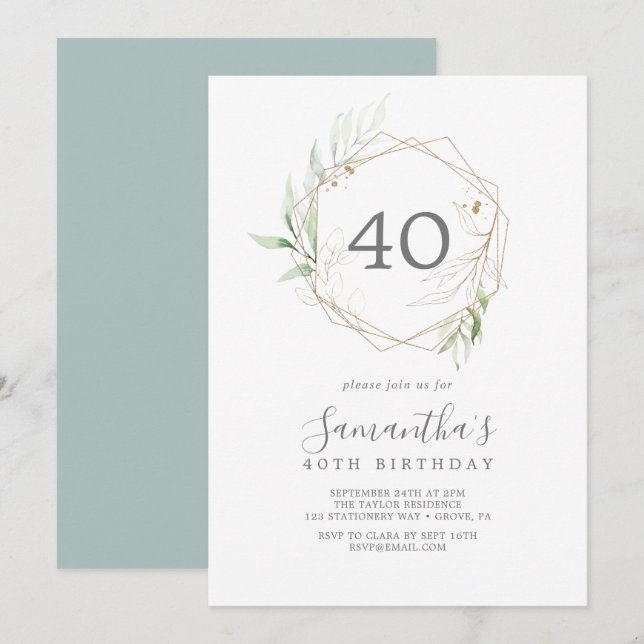 Airy Greenery and Gold Leaf 40th Birthday Invitation (Front/Back)