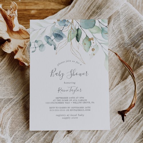 Airy Greenery and Gold Leaf Baby Shower Invitation