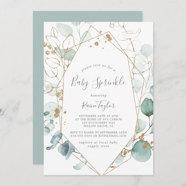 Airy Greenery and Gold Leaf Baby Sprinkle Invitation (Front/Back)