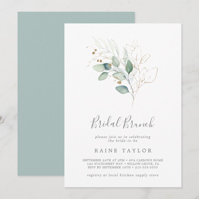 Airy Greenery and Gold Leaf Bridal Brunch Invitation (Front/Back)
