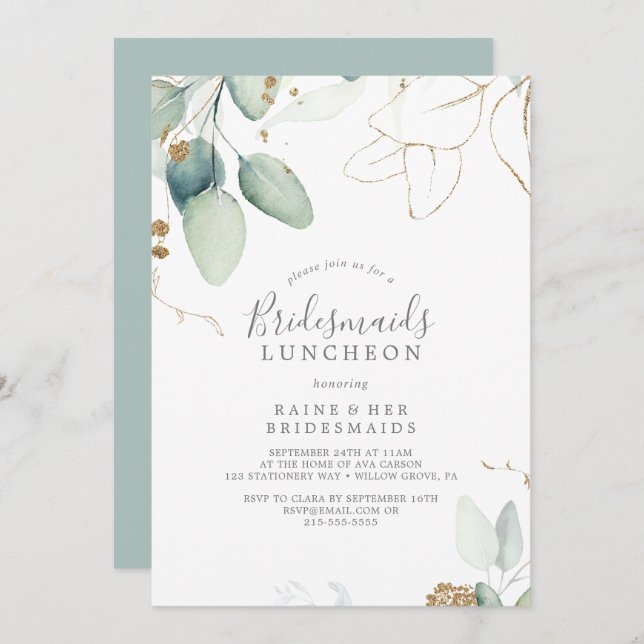 Airy Greenery and Gold Leaf Bridesmaids Luncheon Invitation (Front/Back)
