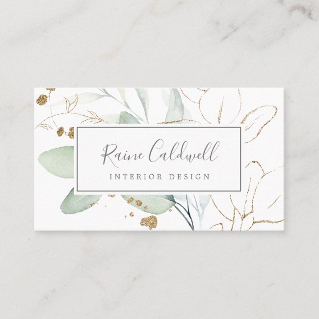 Airy Greenery and Gold Leaf Business Card