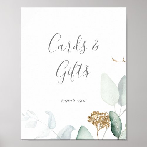 Airy Greenery and Gold Leaf Cards and Gifts Sign