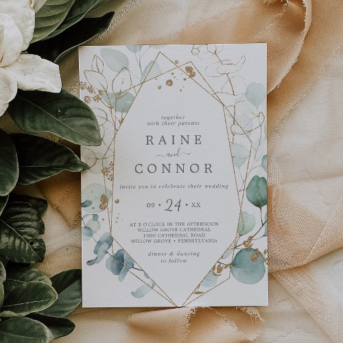 Airy Greenery and Gold Leaf Casual Wedding Invitation