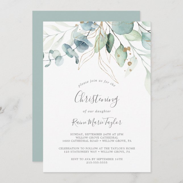 Airy Greenery and Gold Leaf Christening Invitation (Front/Back)