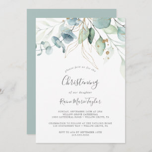 Airy Greenery and Gold Leaf Christening Invitation