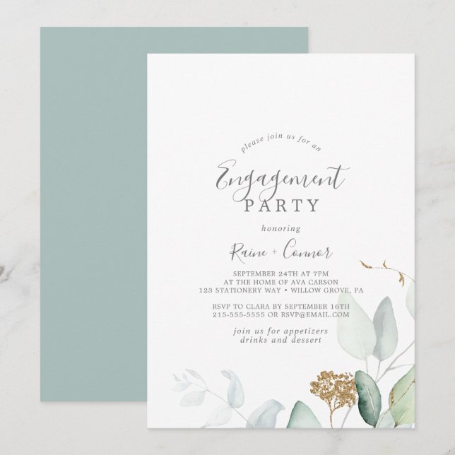 Airy Greenery and Gold Leaf Engagement Party Invitation (Front/Back)