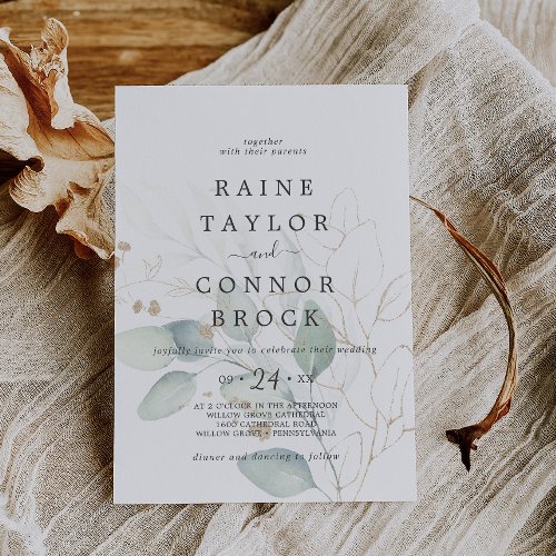 Airy Greenery and Gold Leaf Faded Wedding Invitation