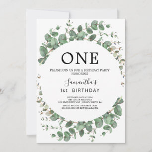 Airy Greenery and Gold Leaf First Birthday Party  Invitation