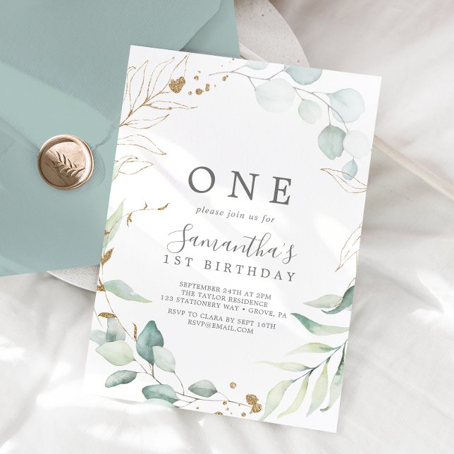 Airy Greenery and Gold Leaf First Birthday Party Invitation (Creator Uploaded)