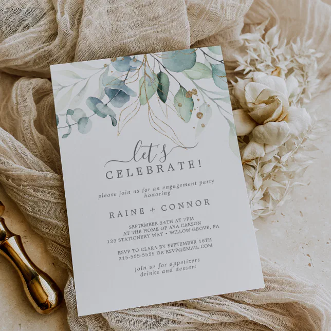 Airy Greenery and Gold Leaf Let's Celebrate Invitation | Zazzle