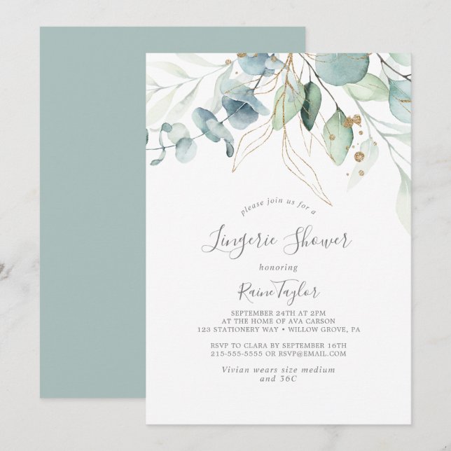 Airy Greenery and Gold Leaf Lingerie Shower Invitation (Front/Back)