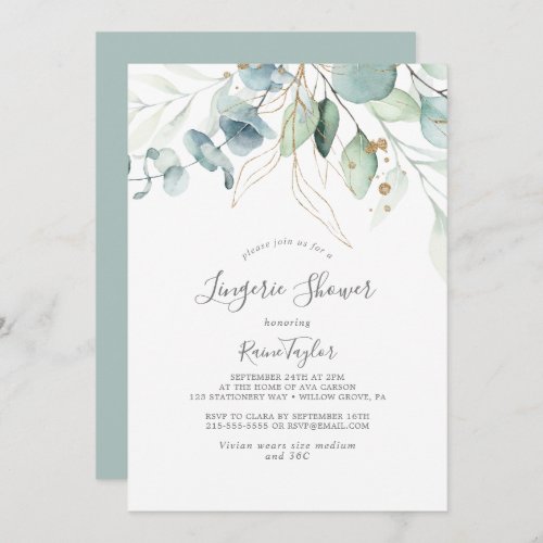 Airy Greenery and Gold Leaf Lingerie Shower Invitation