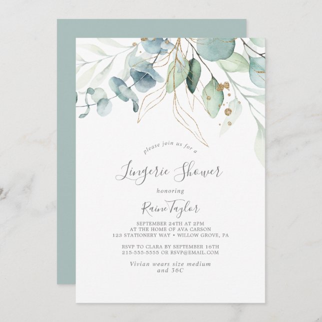 Airy Greenery and Gold Leaf Lingerie Shower Invitation (Front/Back)