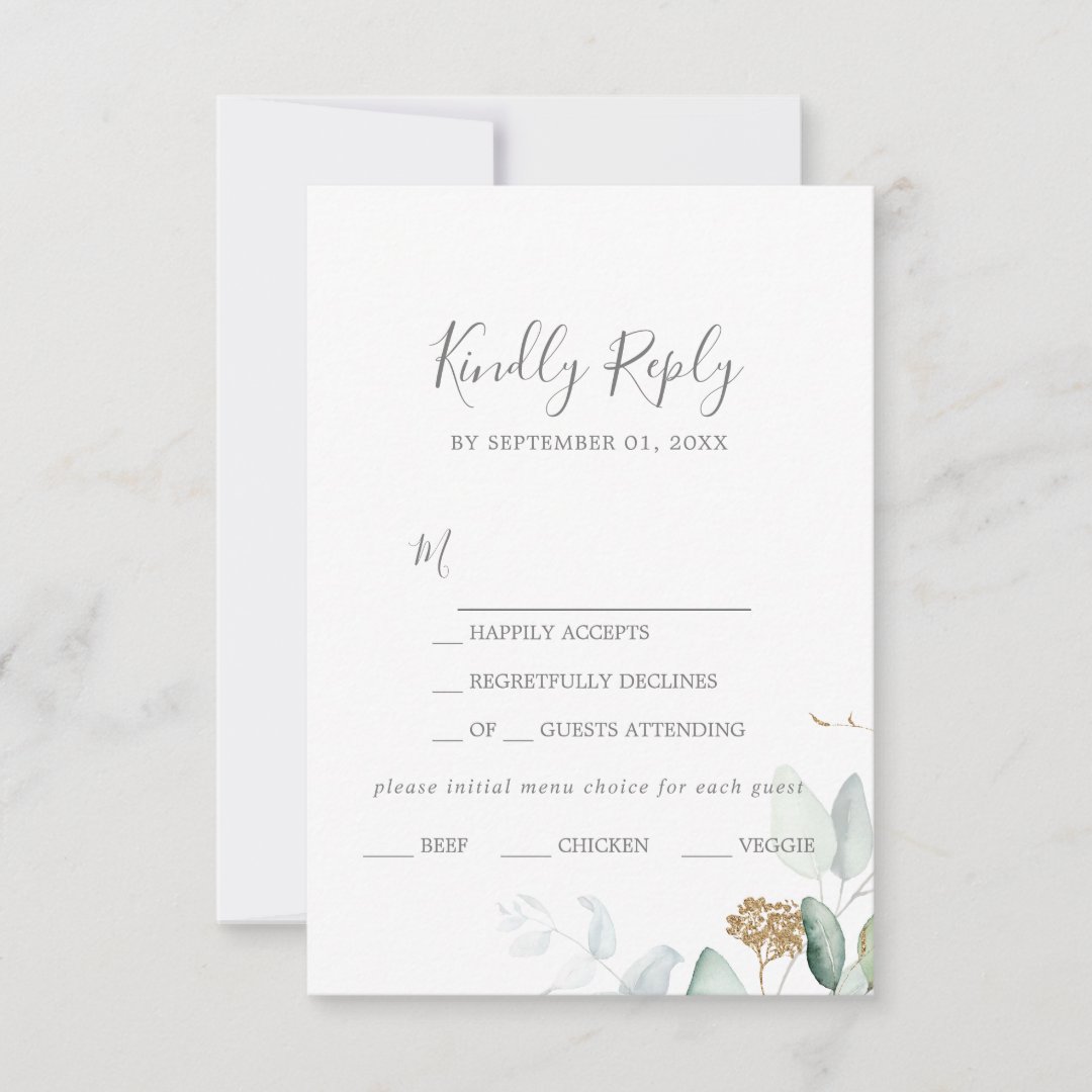 Airy Greenery and Gold Leaf Menu Choice RSVP Card | Zazzle