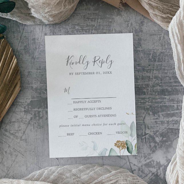 Airy Greenery and Gold Leaf Menu Choice RSVP Card (Creator Uploaded)