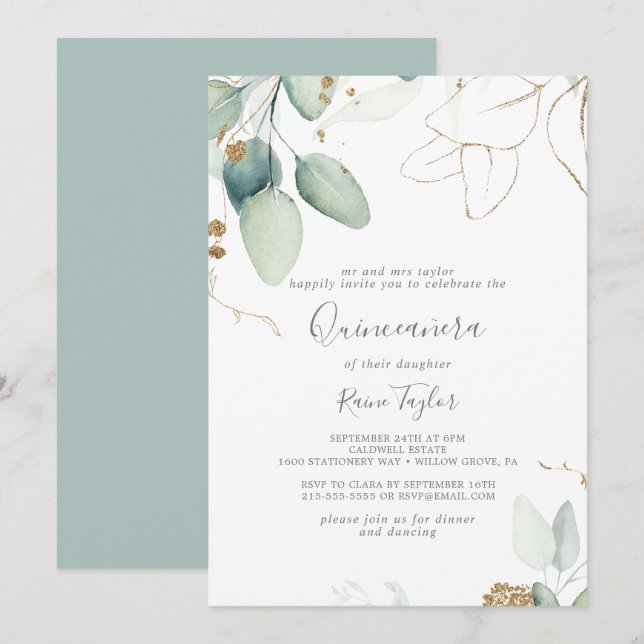 Airy Greenery and Gold Leaf Quinceañera Invitation (Front/Back)