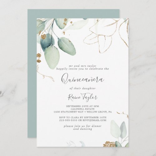 Airy Greenery and Gold Leaf Quinceaera Invitation