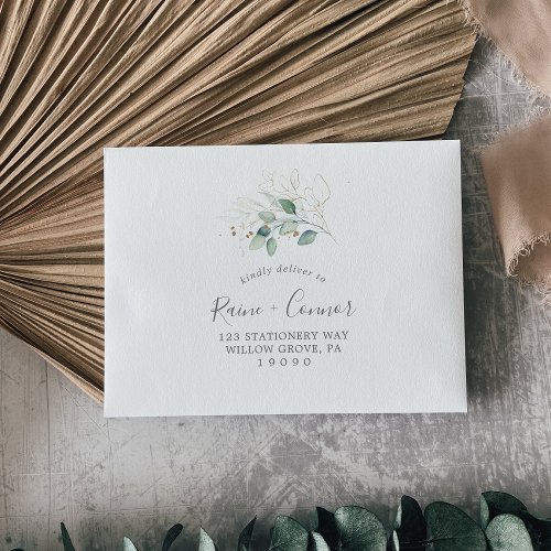 Airy Greenery and Gold Leaf Self_Addressed RSVP Envelope