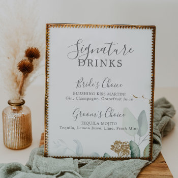 Airy Greenery And Gold Leaf Signature Drinks Sign by FreshAndYummy at Zazzle