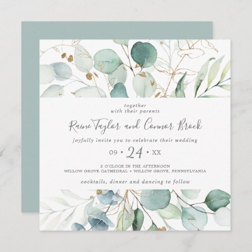 Airy Greenery and Gold Leaf Square Wedding Invitation