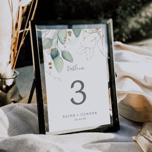 Airy Greenery and Gold Leaf Table Number