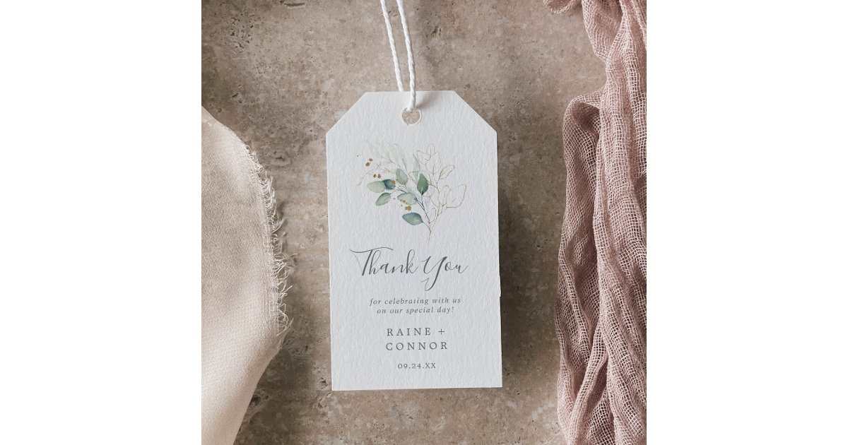 Airy Greenery and Gold Leaf Thank You Favor Gift Tags | Zazzle